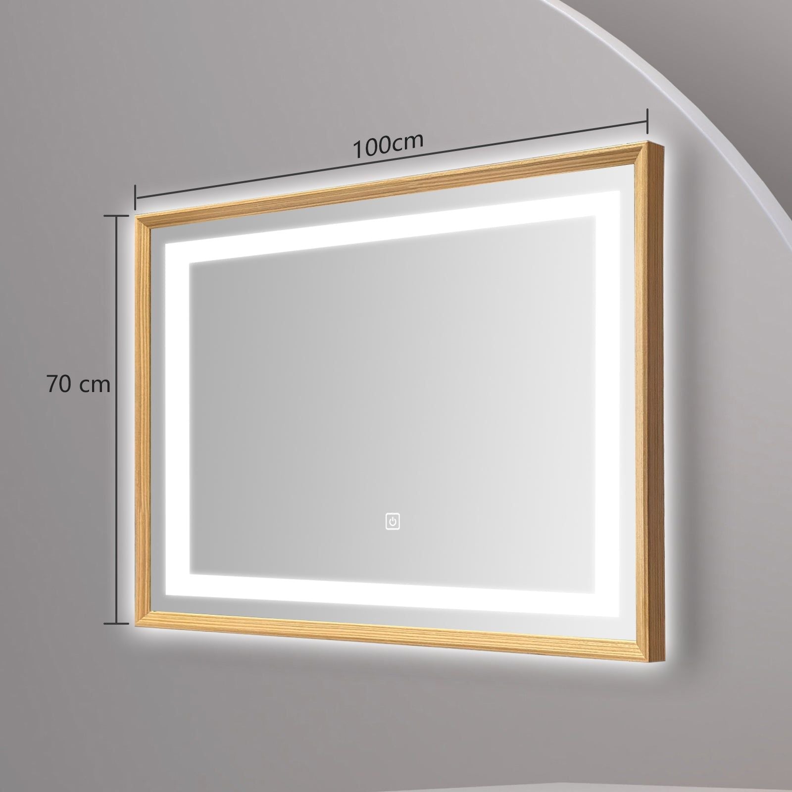 Miroir mural LED avec cadre bois : Miroir de salle de bain lumineux 70cm x 100cm avec un cadre en bois clair.