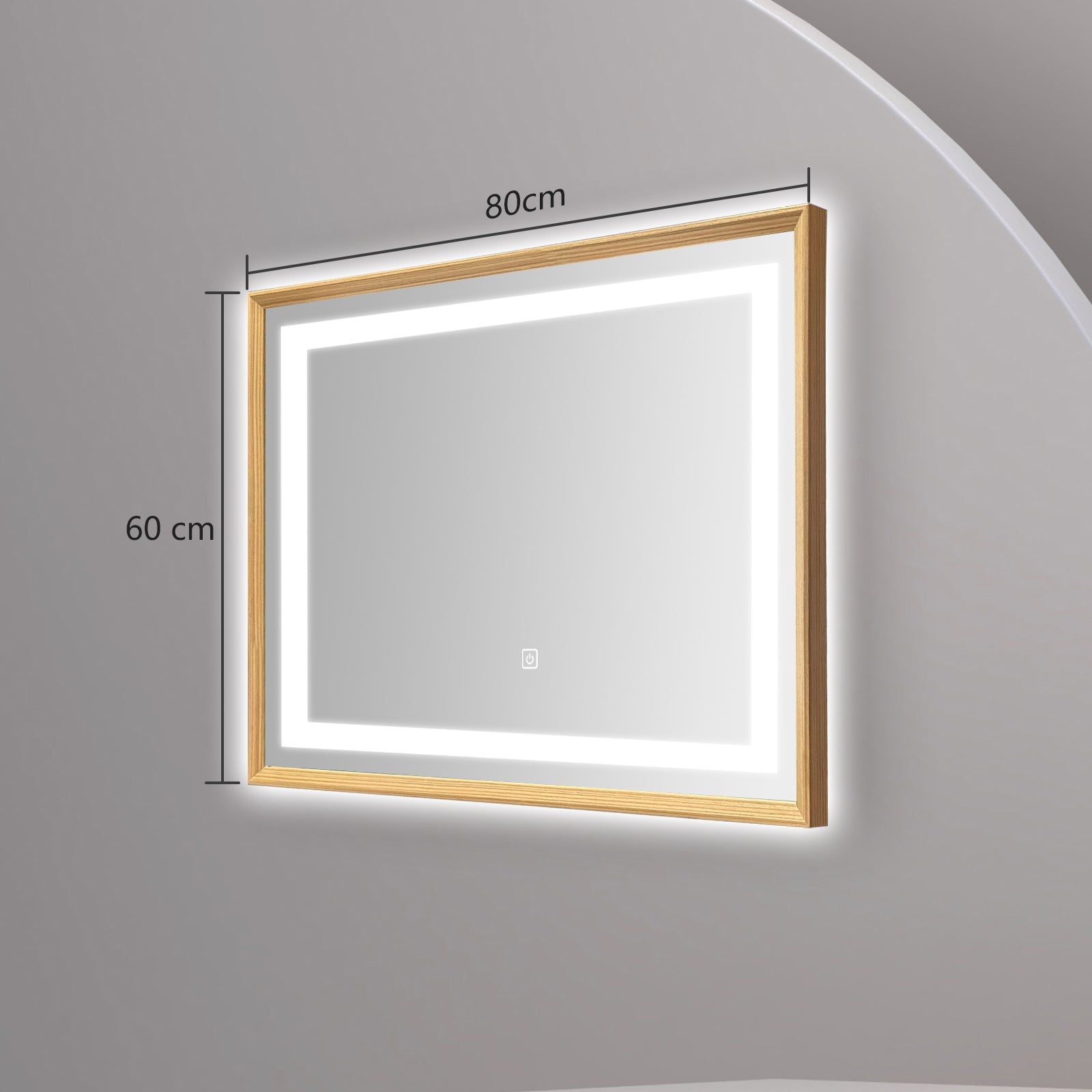 Miroir mural LED avec cadre bois : Miroir de salle de bain lumineux 80cm x 60cm avec un cadre en bois de chêne clair.