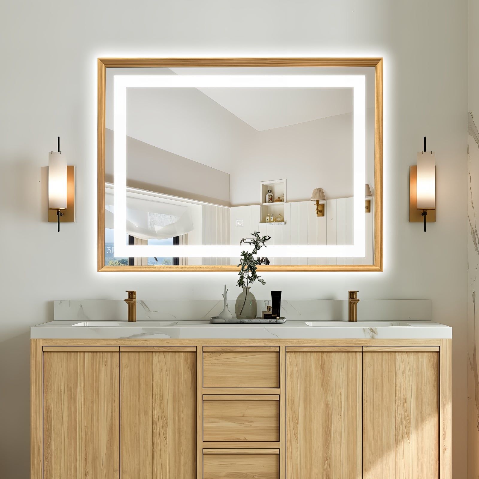 Miroir mural LED avec cadre bois: Élégant miroir de salle de bain avec éclairage LED intégré et cadre en bois, idéal pour une salle de bain moderne.