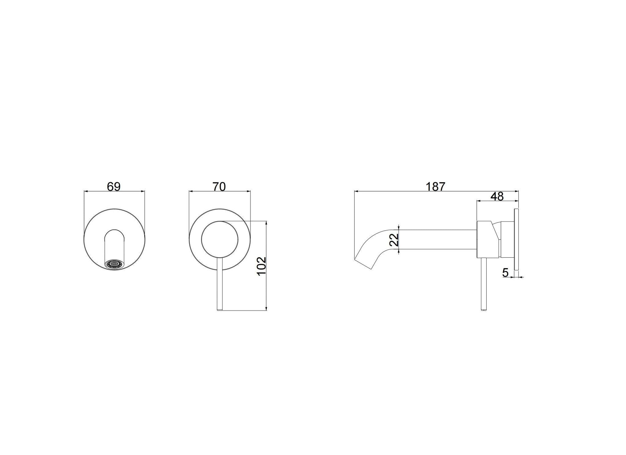 Robinet à bec encastré thermostatique couleur cuivre: Thermostatic built-in copper faucet, detailed dimensions shown.