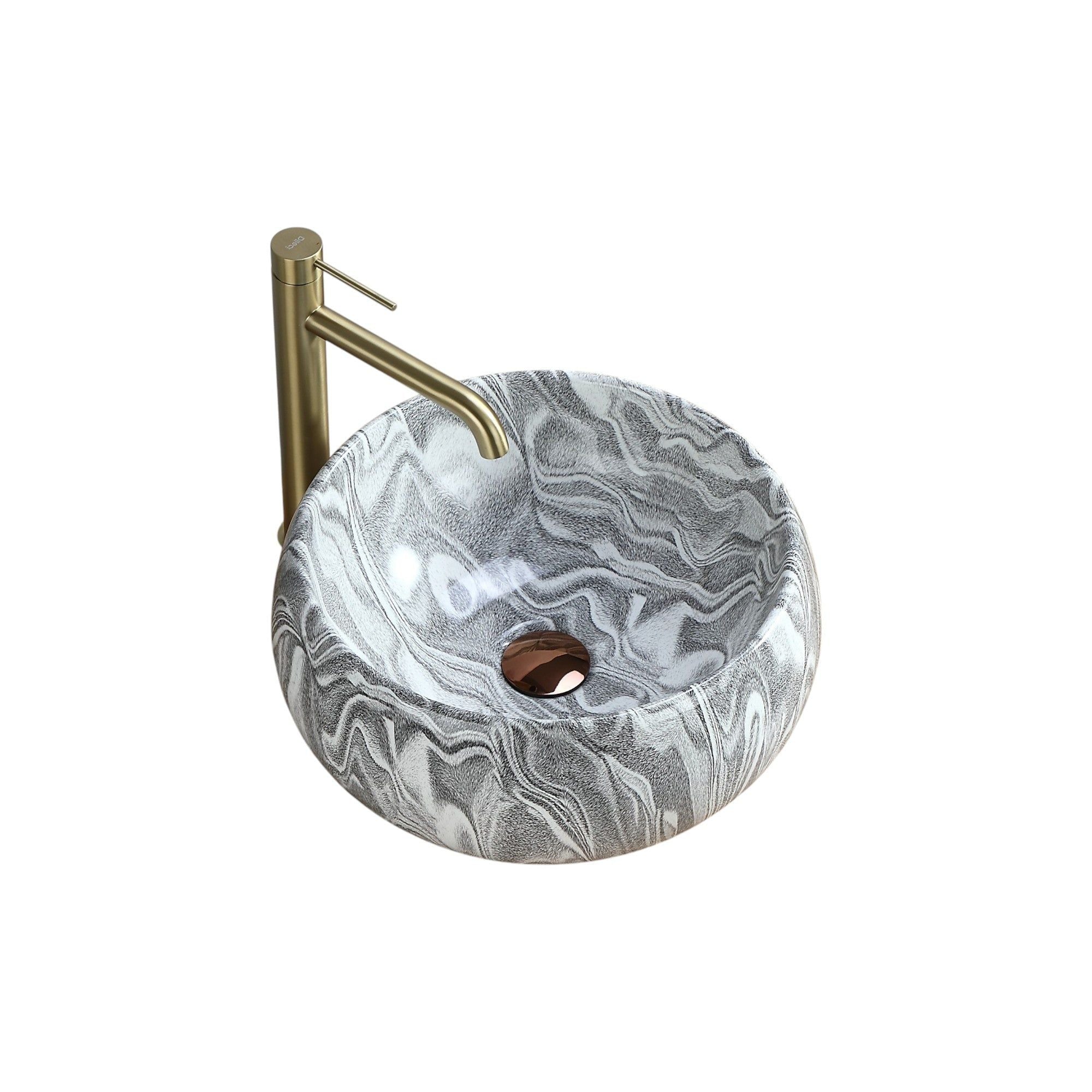 Vasque ronde grise à rayures zébrées (40 cm de diamètre), lavabo de salle de bain moderne avec robinet doré