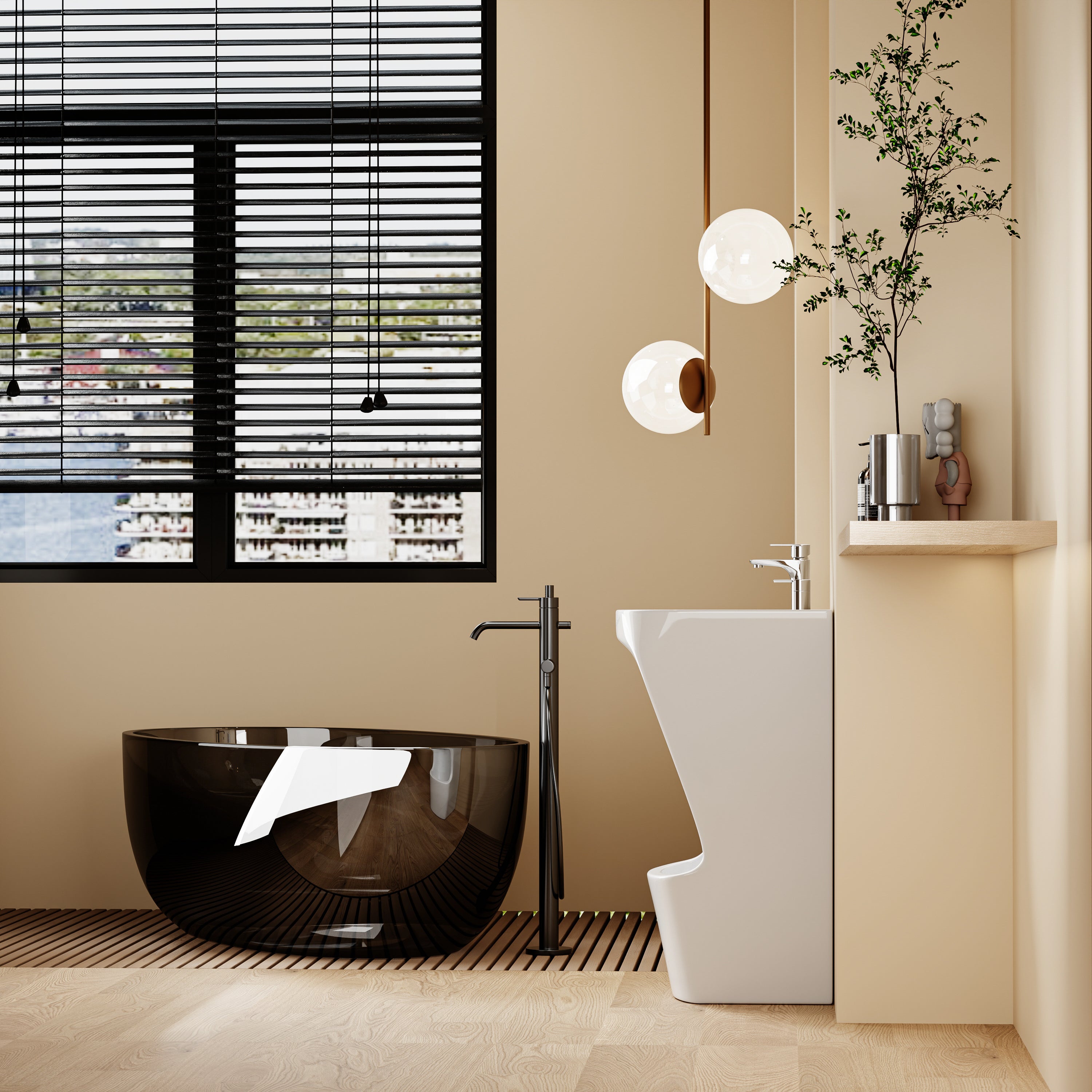 Lavabo d’ablutions GAZA double vasque moderne en blanc, dans une salle de bain épurée.