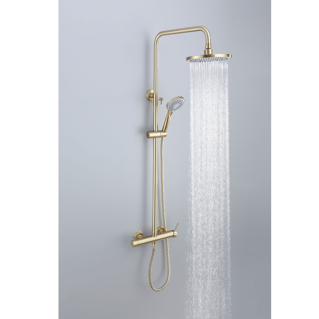Colonne de douche en or brossé avec pommeaux de douche de tête et à main, mitigeur thermostatique