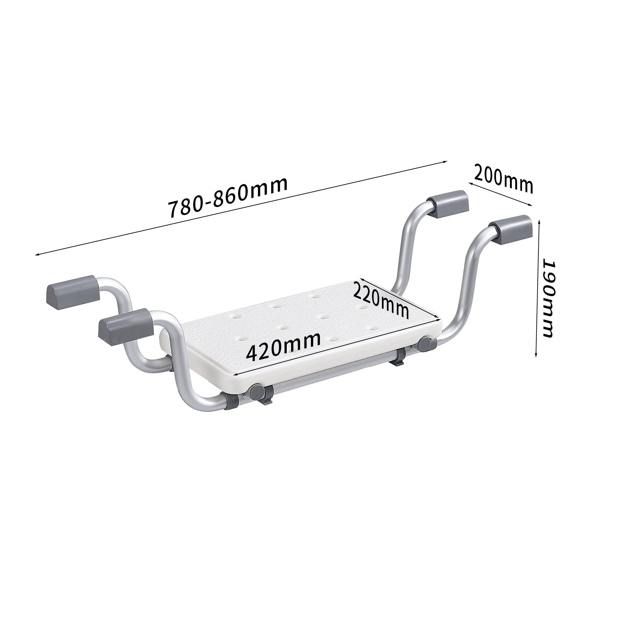 Siège de bain réglable avec poignées, offrant une douche sûre et confortable. 780-860 mm de large.