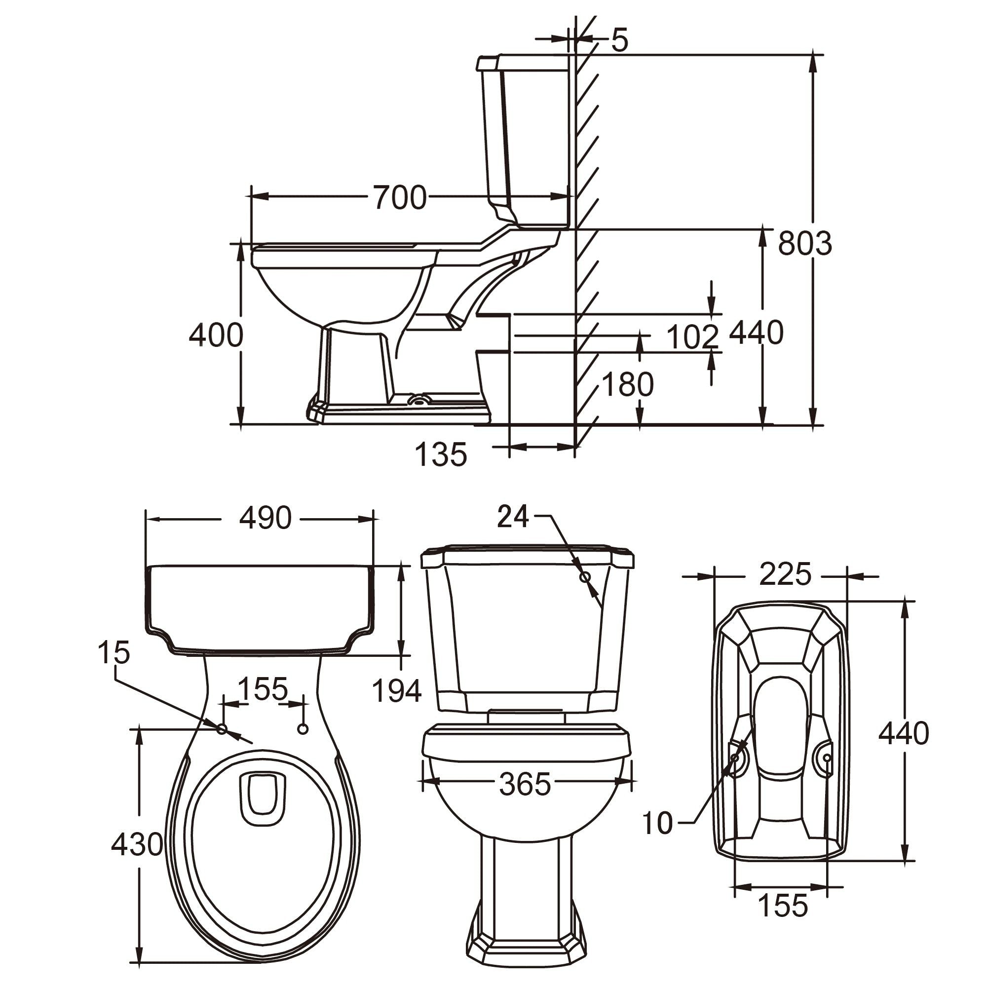 WC Victoria : Toilettes style rétro victorien, vue technique avec dimensions