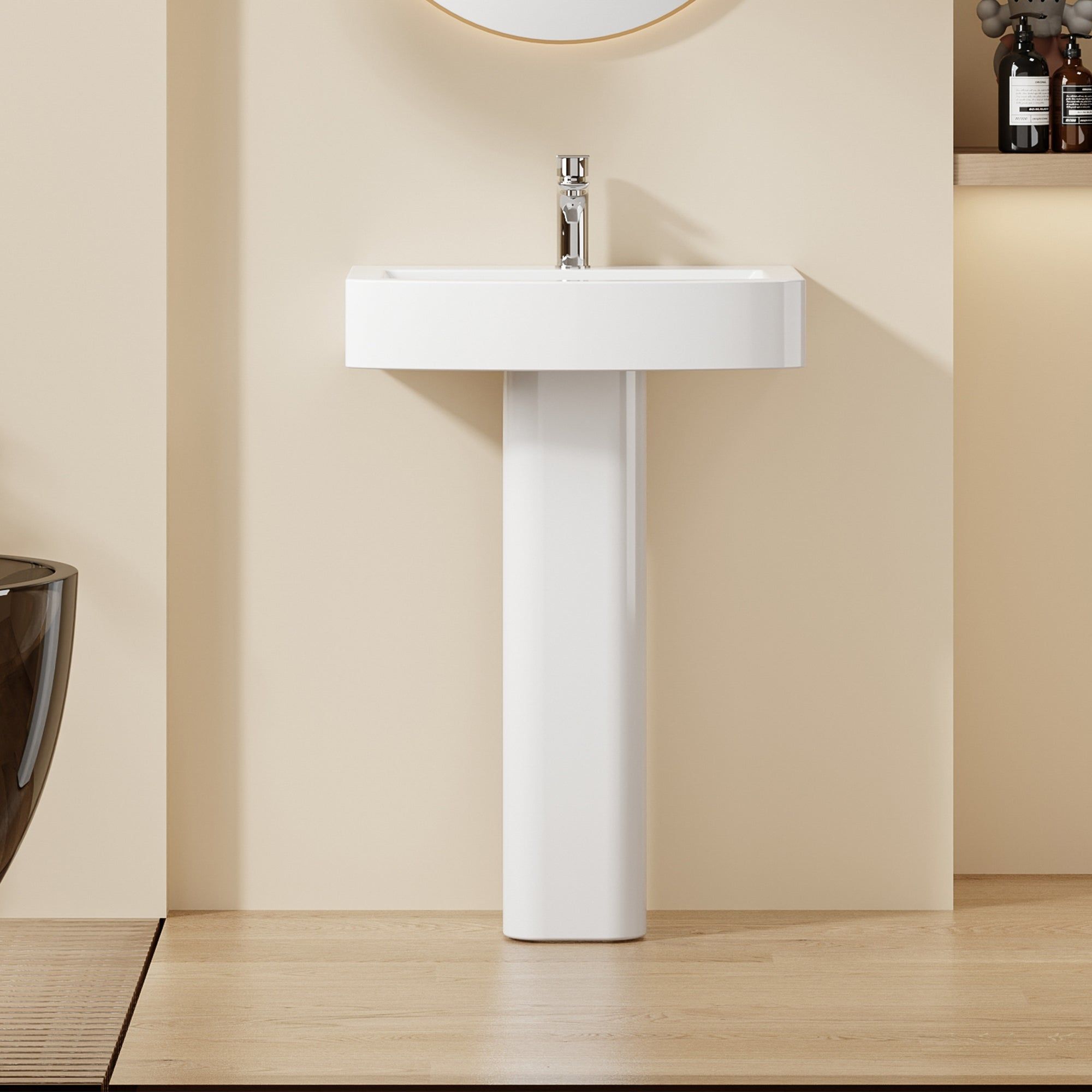 Lavabo colonne sur pied blanc, design carré aux bords arrondis, en céramique
