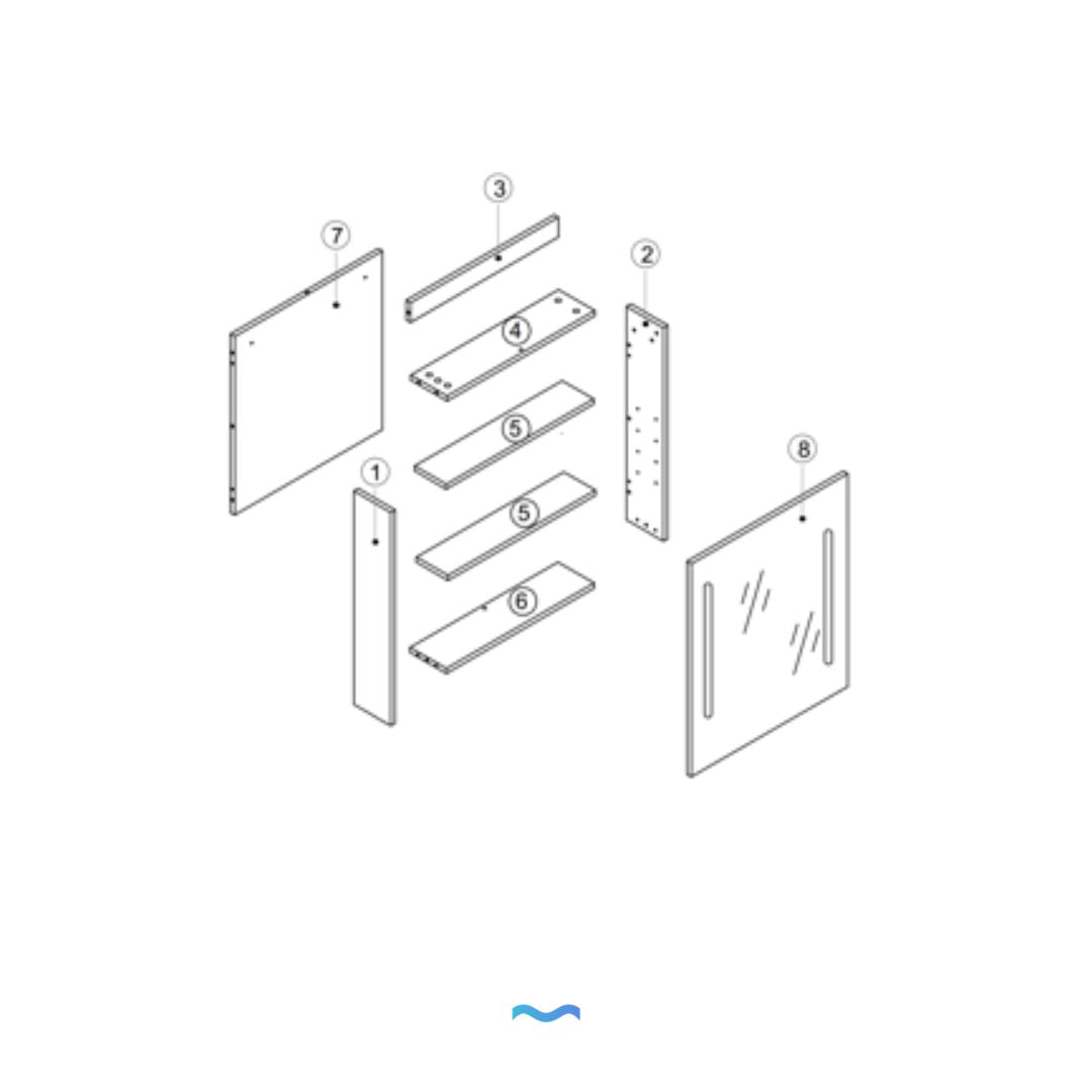 Armoire de salle de bain à miroir LED 55x15x65cm : Schéma éclaté des pièces montrant l'assemblage d'une armoire de salle de bain LED moderne avec miroir et étagères.