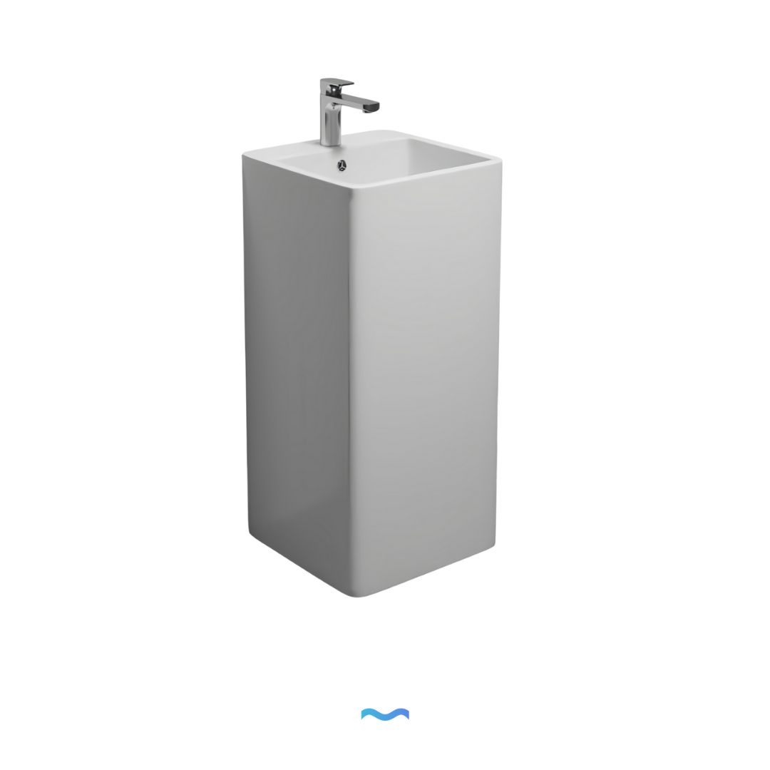 Lavabo Totem blanc carrée arrondie : Lavabo sur colonne carré moderne avec coins arrondis, design épuré et robinet chromé.