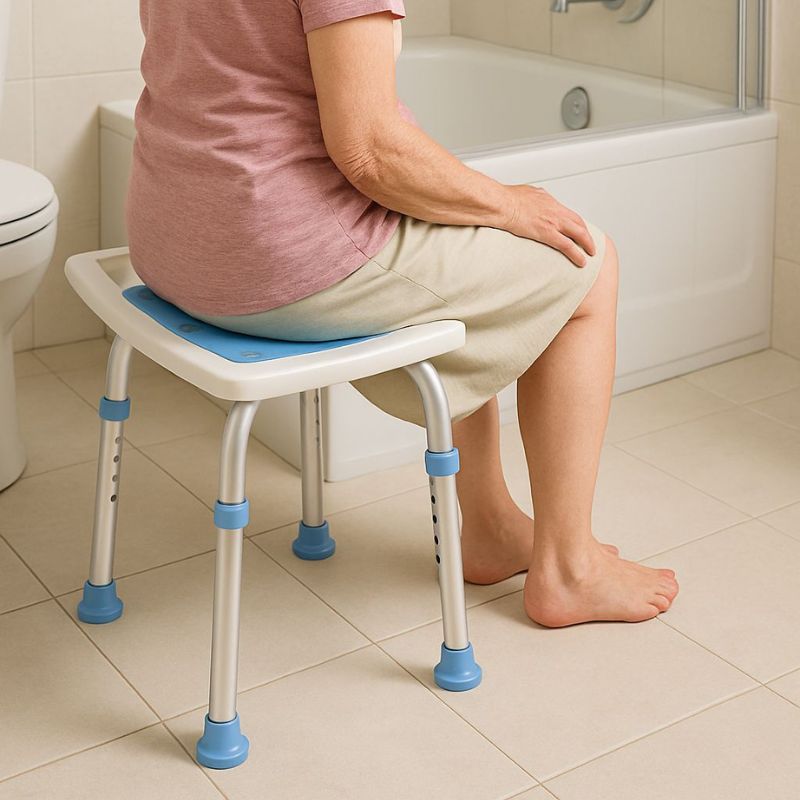 Tabouret de douche : Tabouret de douche réglable avec un siège bleu confortable et des pieds en aluminium robustes, offrant une douche sûre et facile.