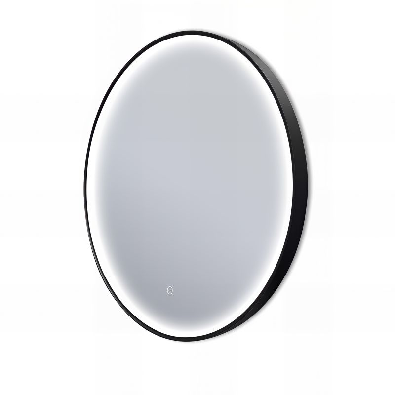 Miroir rond LED avec cadre aluminium noir ⌀70cm : Miroir LED rond de 70cm de diamètre avec un cadre en aluminium noir.