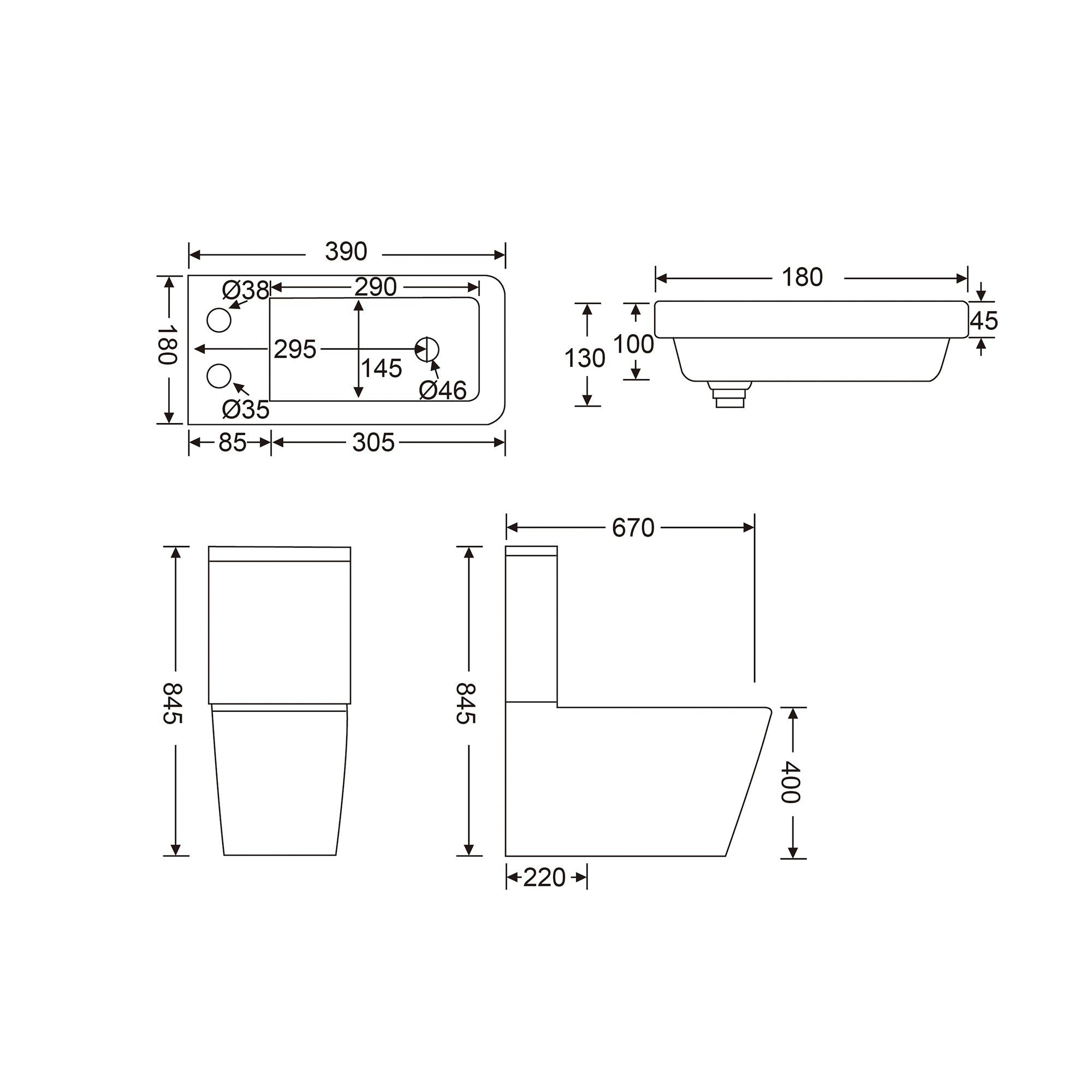 WC 2 en 1 Blanc - Design arrondi : Dimensions détaillées d'un ensemble WC et lavabo blanc en deux parties au design arrondi.