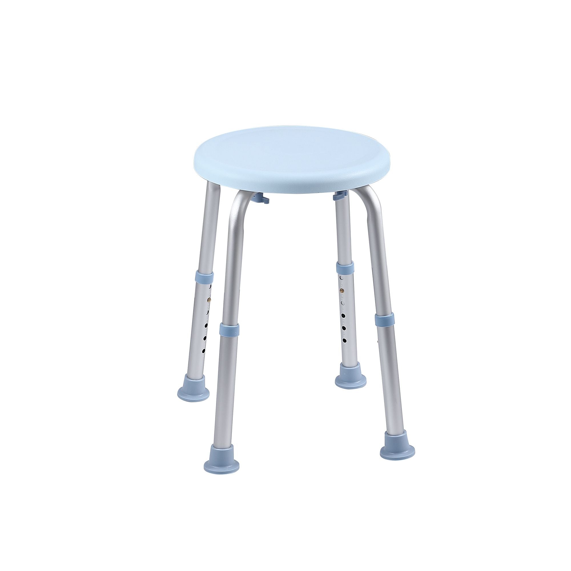 Tabouret de douche réglable avec assise bleu clair et pieds en aluminium, idéal pour les personnes âgées ou handicapées.