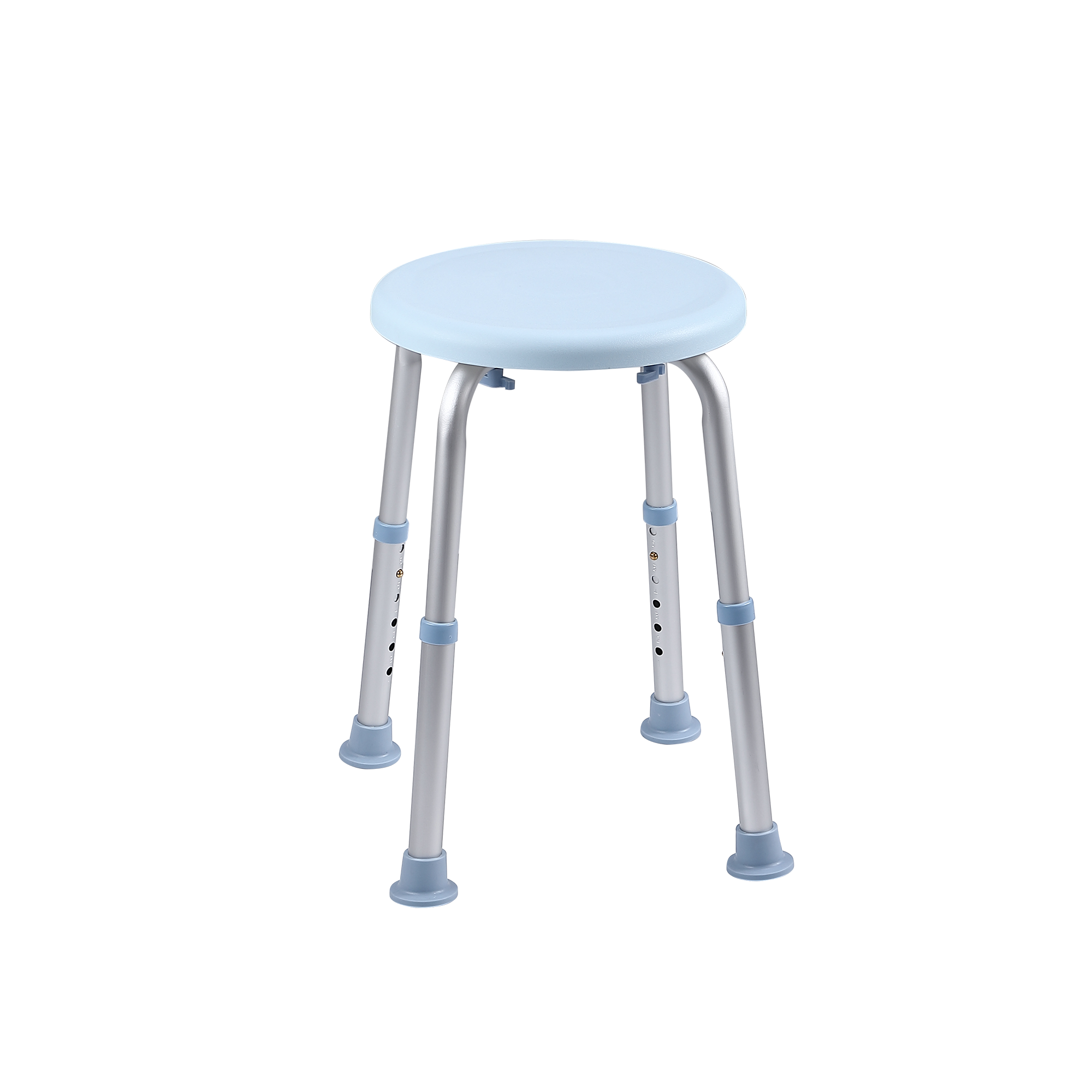 Tabouret de douche réglable avec assise bleu clair et pieds en aluminium, idéal pour les personnes âgées ou handicapées.