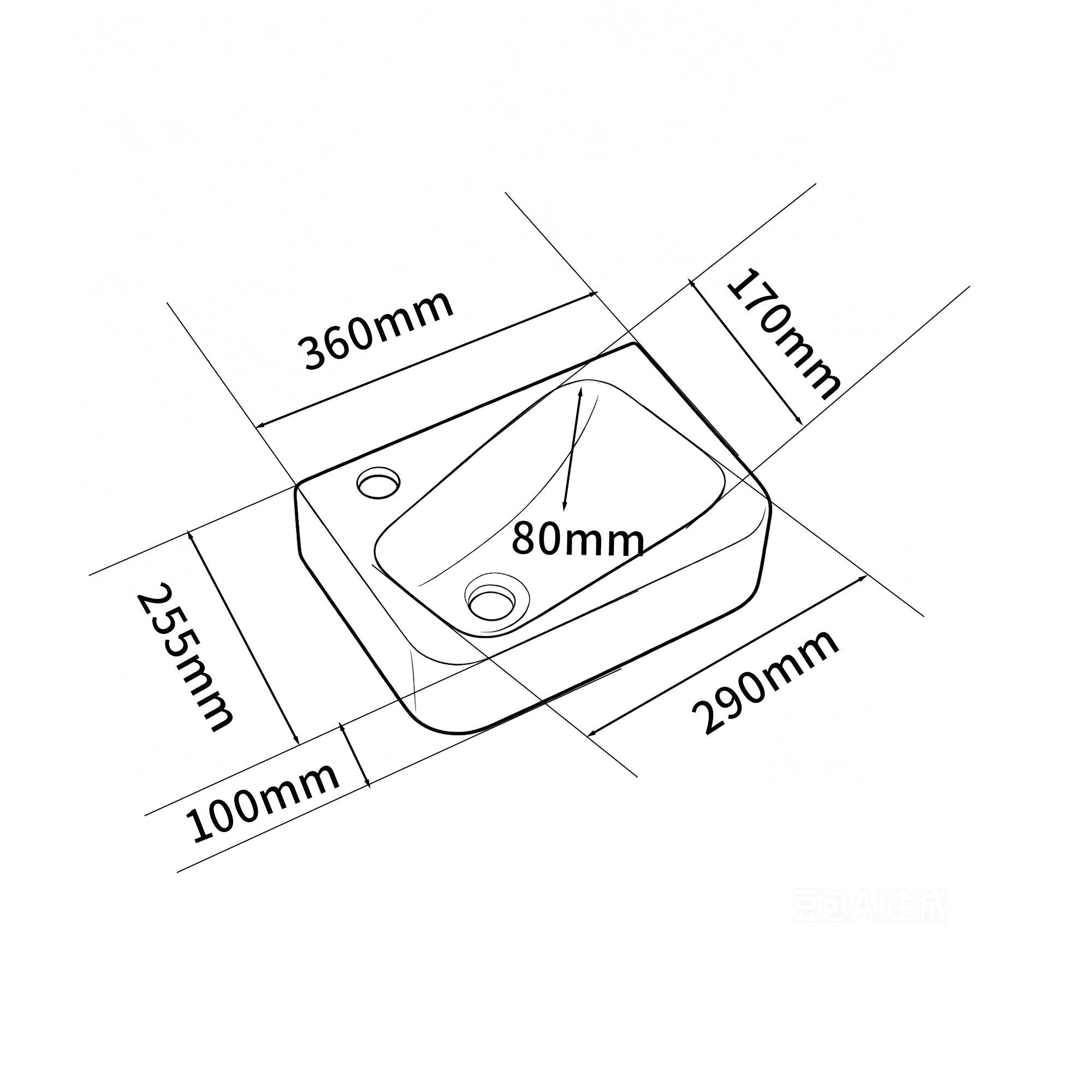 Schéma technique de la vasque lave-mains murale PICASSO, sortie gauche, céramique blanche, dimensions 360x255mm.