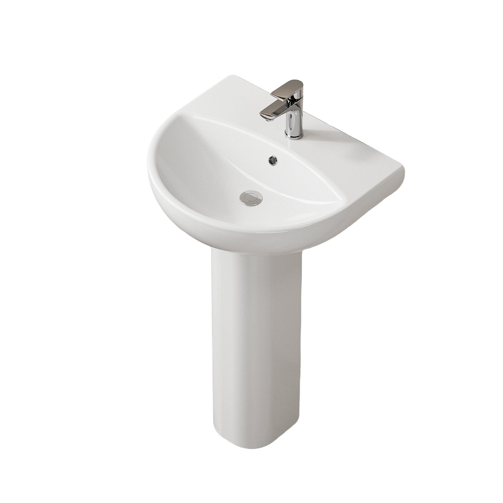 Lavabo sur pied colonne en céramique blanche, design arrondi moderne avec robinetterie chromée