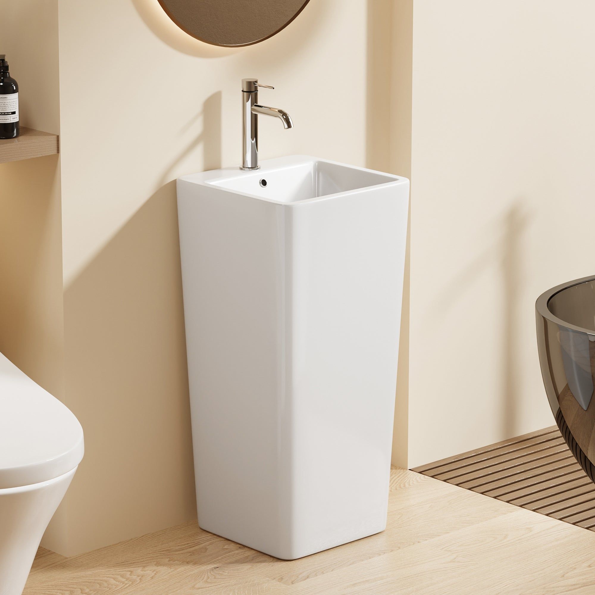 Lavabo Totem blanc carrée arrondie : Lavabo sur pied blanc moderne avec vasque carrée, idéal pour les salles de bains contemporaines.