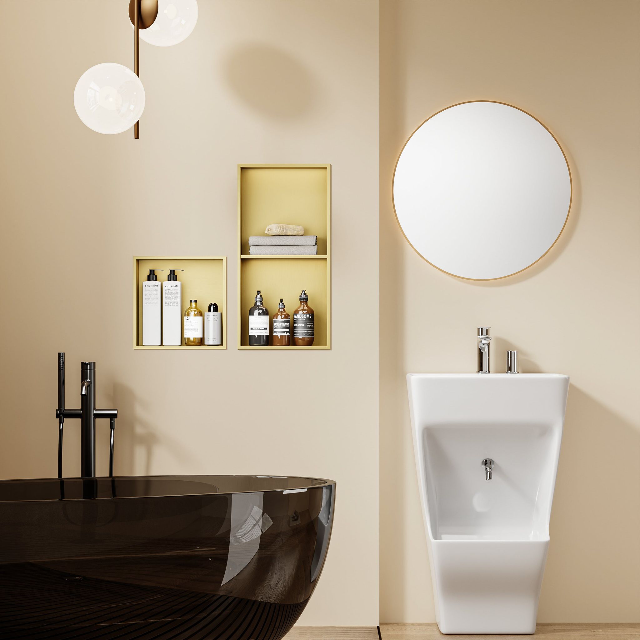 Niche de douche carrée dorée 30x30x12 cm avec étagères pour salle de bain moderne