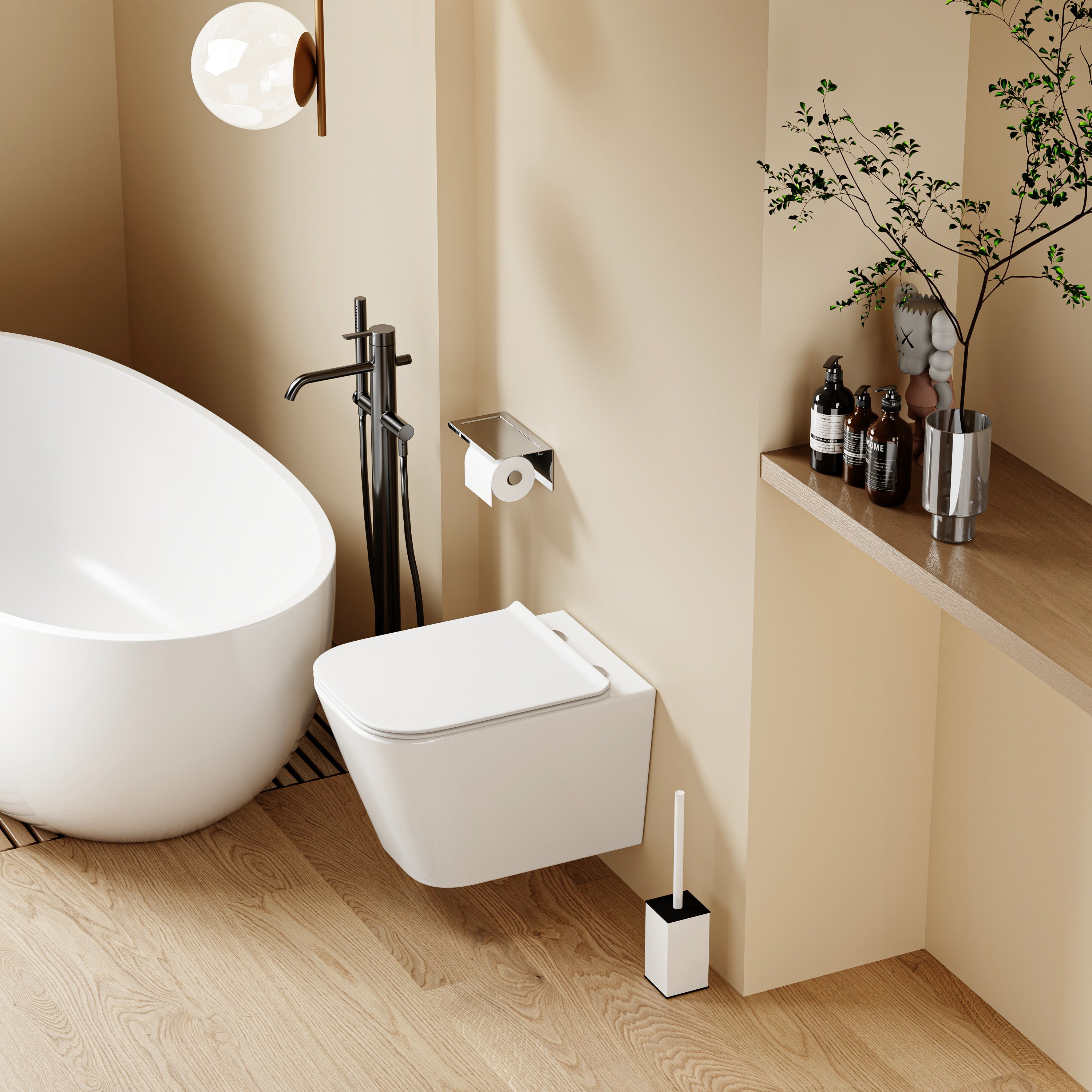 WC suspendu blanc LUNE, design carré arrondi, avec abattant Soft Close.