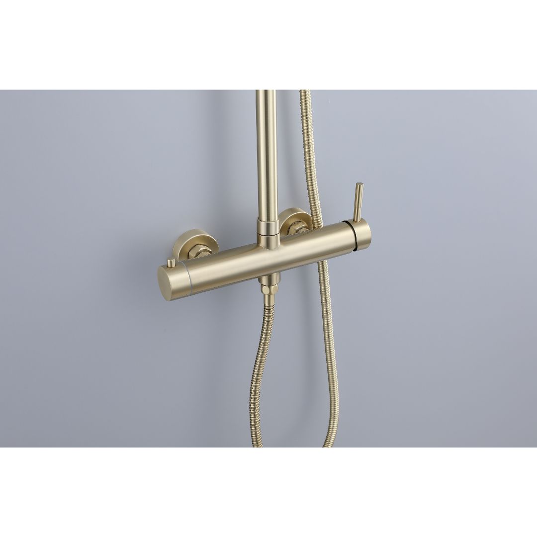 Colonne de douche en or brossé : Mitigeur thermostatique de douche moderne avec douche de tête et douchette à main