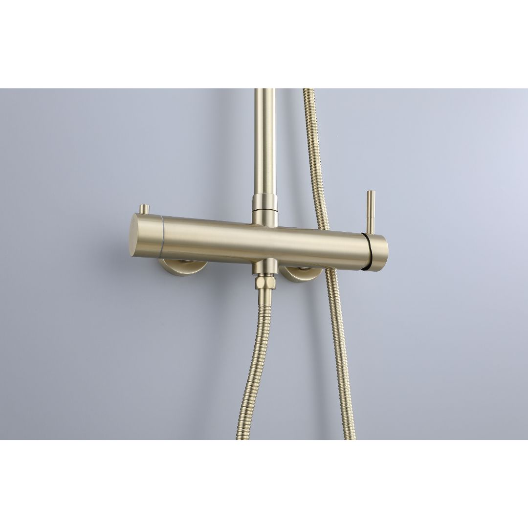 Colonne de douche en or brossé : mitigeur thermostatique de douche moderne avec pomme de douche à main et barre de douche