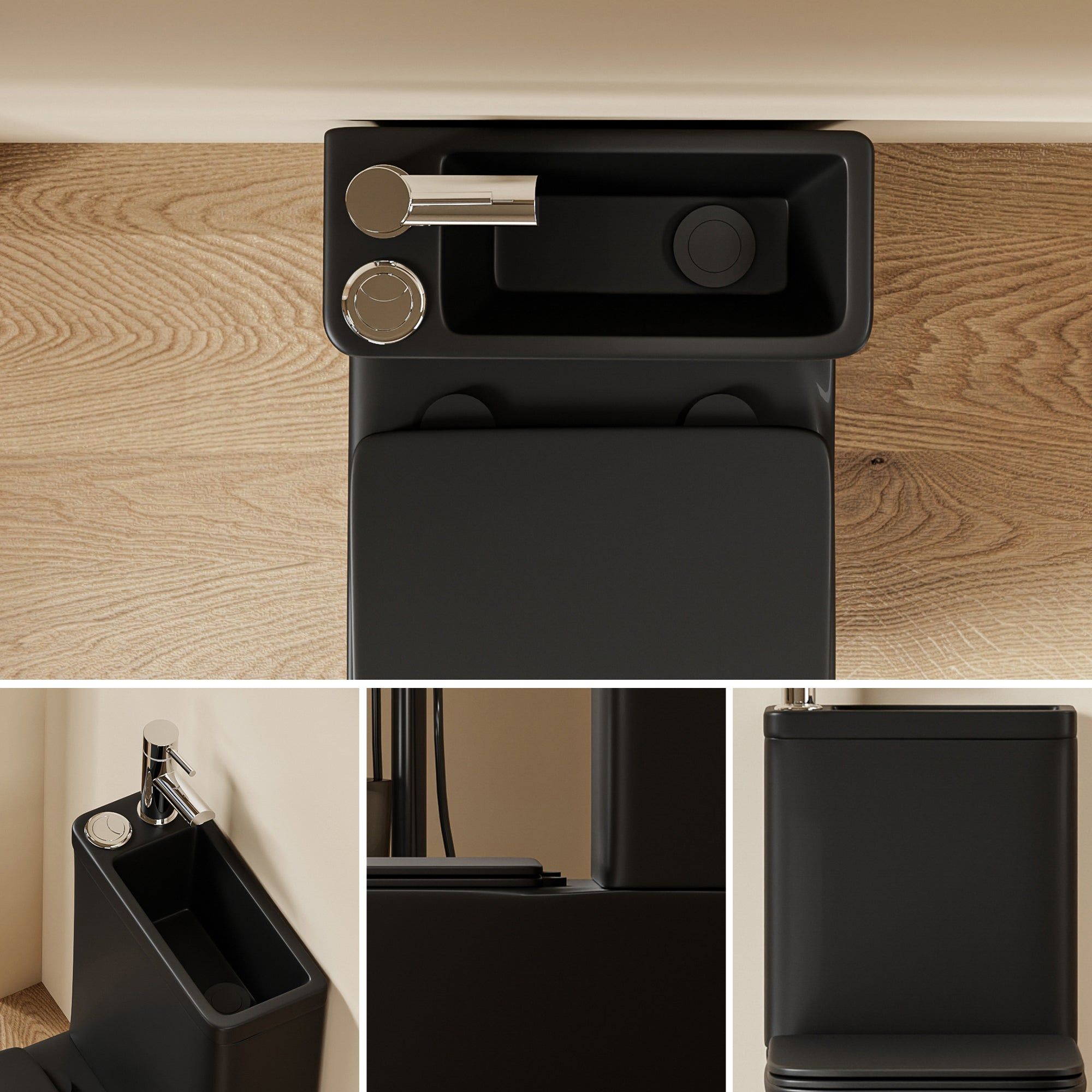 WC 2 en 1 noir - Design carré : WC 2 en 1 noir avec lavabo intégré, robinetterie chromée et double chasse d'eau. Design carré.