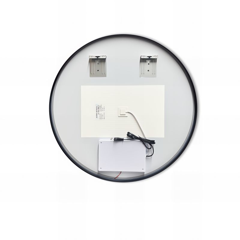Miroir rond LED avec cadre aluminium noir ⌀70cm : Miroir LED rond de 70 cm de diamètre avec cadre en aluminium noir, montrant les composants pour l'installation.