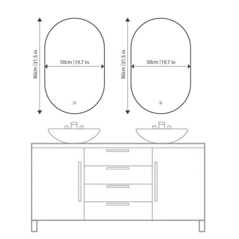 Miroir ovale LED 50x80cm : Paire de miroirs de salle de bain ovales éclairés, de 50 cm de large et 80 cm de haut, montés au dessus d'un meuble double vasque.