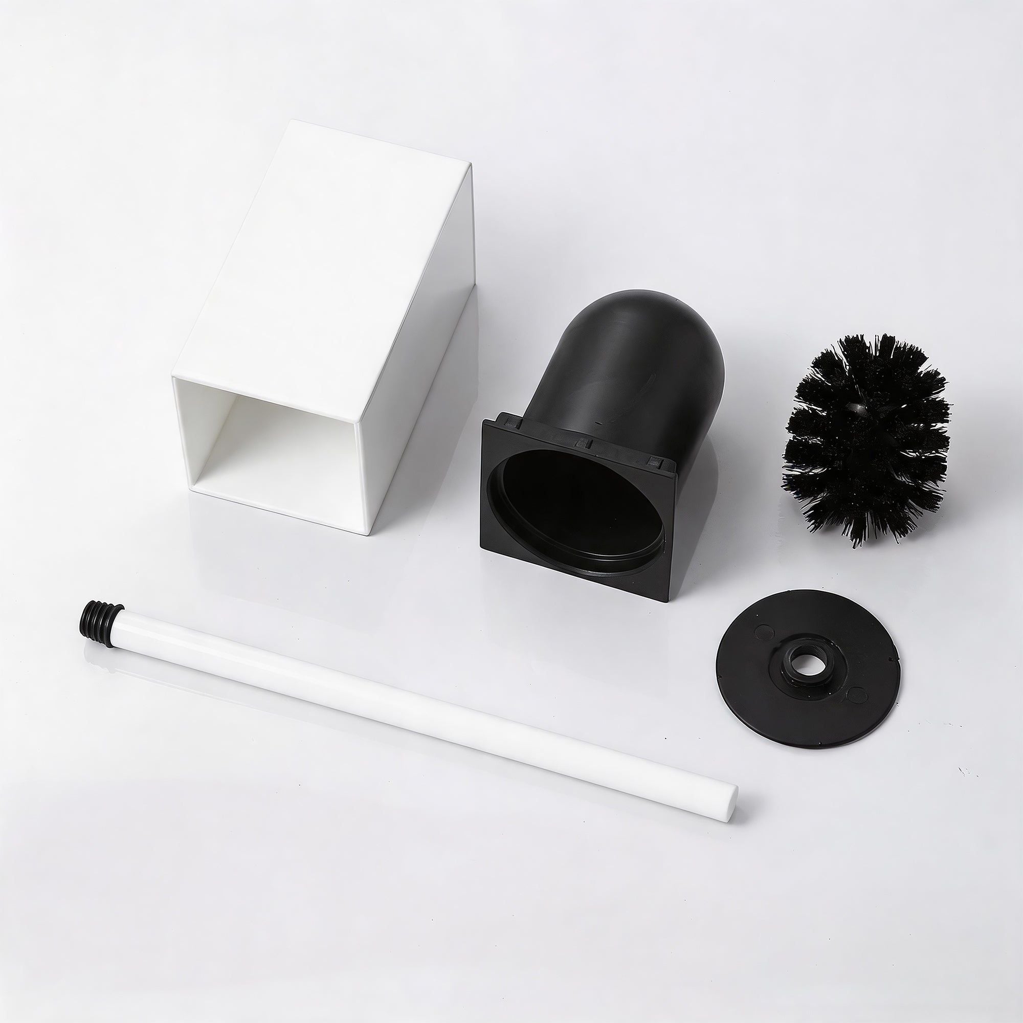 Brosse WC carrée blanche : ensemble complet avec manche, support et couvercle noir