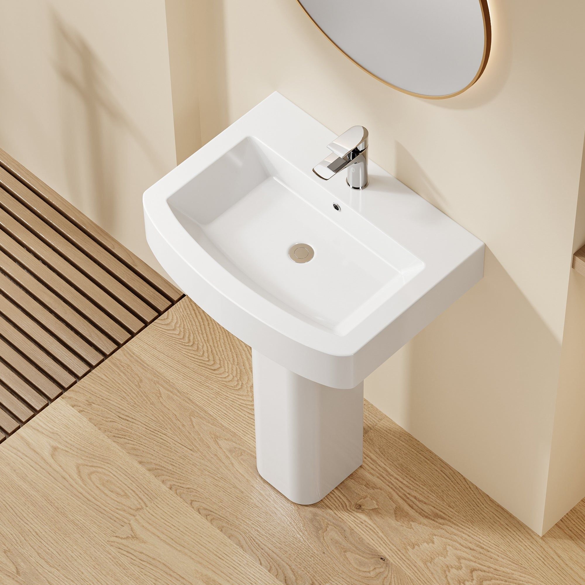 Lavabo colonne blanc en céramique, design carré arrondi, avec robinetterie chromée