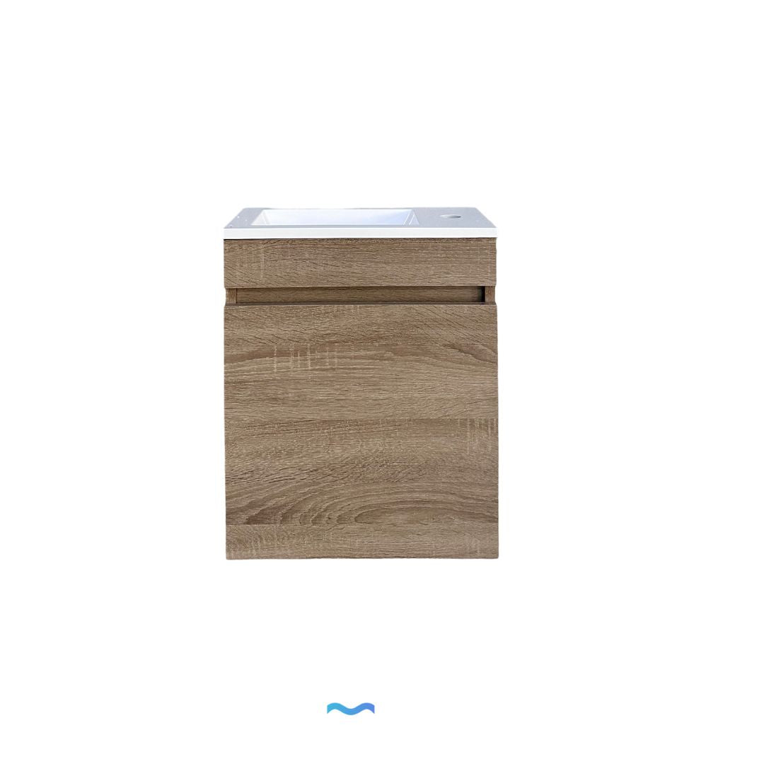 Meuble-lavabo compact aspect bois avec lavabo intégré