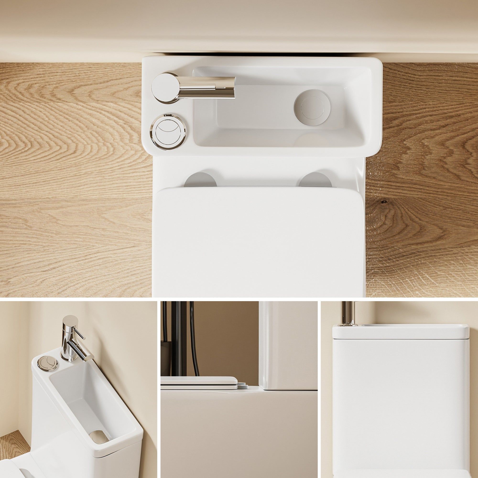 WC 2 en 1 Blanc - WC blanc peu encombrant avec lavabo intégré et robinet chromé ; design carré.