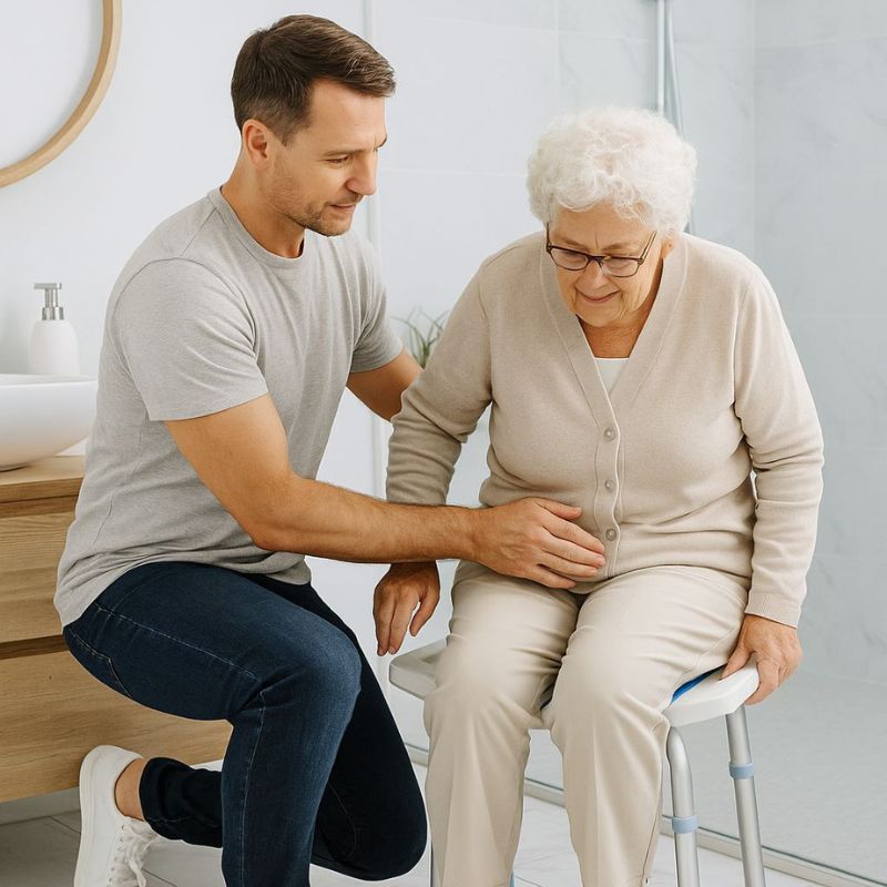 Tabouret de douche : Femme âgée aidée à s'asseoir sur une chaise de douche par un soignant.