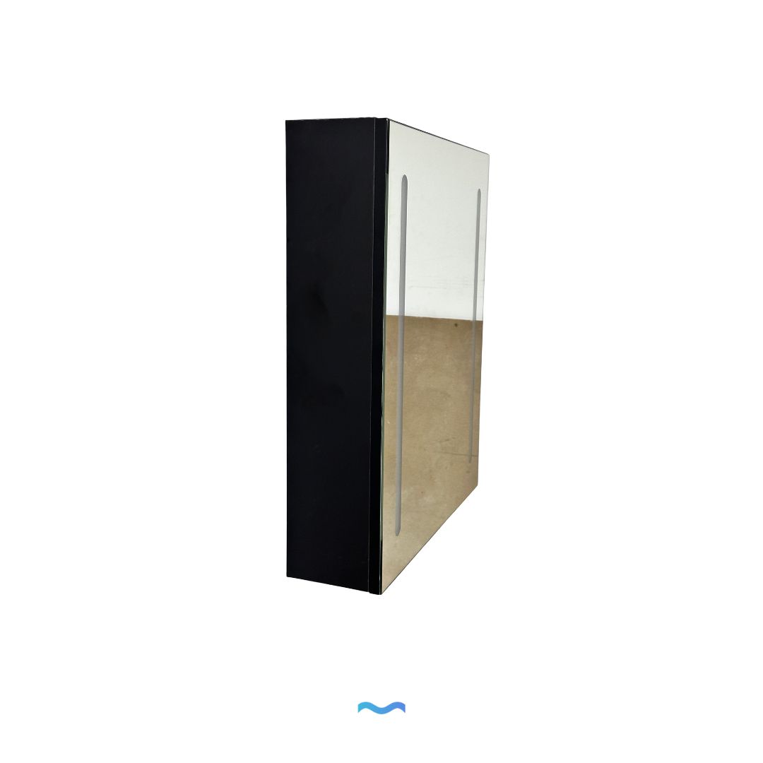 Armoire de salle de bain à miroir LED 55x15x65cm: Black lighted bathroom medicine cabinet with mirrored doors.