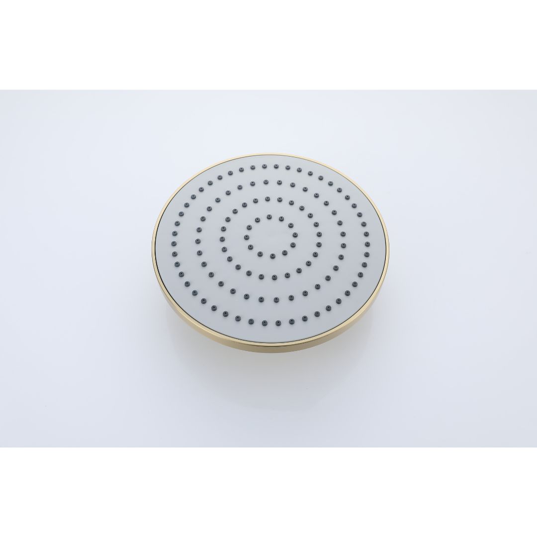 Pommeau de douche en or brossé avec face grise circulaire et plusieurs buses de pulvérisation