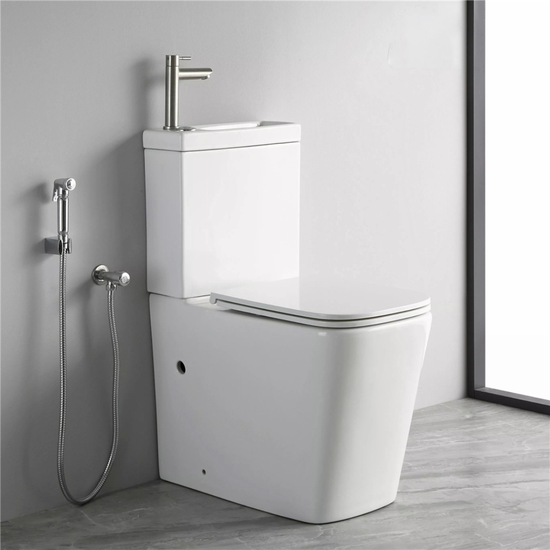 WC à poser avec lave-mains intégré et robinet blanc