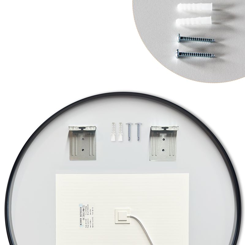 Miroir rond LED avec cadre aluminium noir ⌀70cm : Miroir LED rond de 70 cm de diamètre avec cadre en aluminium noir, montrant le matériel de montage et les instructions.
