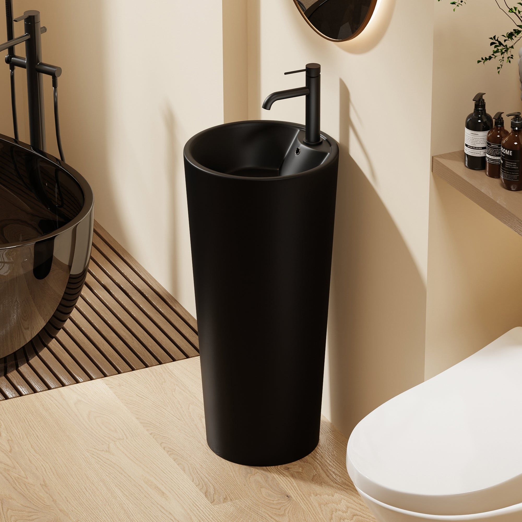 Lavabo Totem Design Rond et Épuré Noir: Sleek black pedestal sink, modern round design