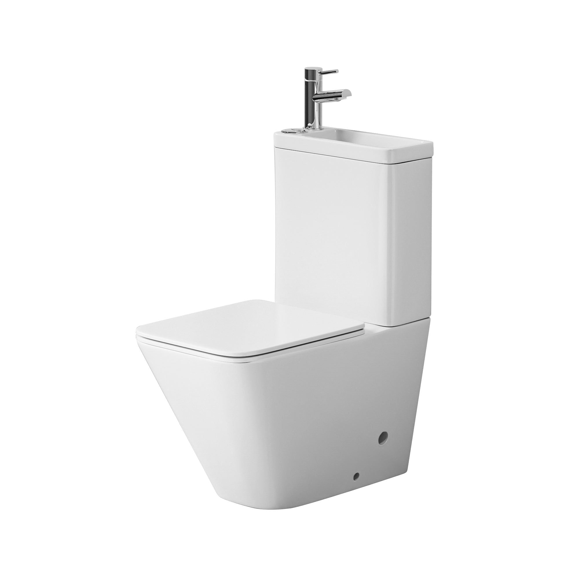WC 2 en 1 Blanc : WC blanc peu encombrant et lavabo intégré, design carré moderne