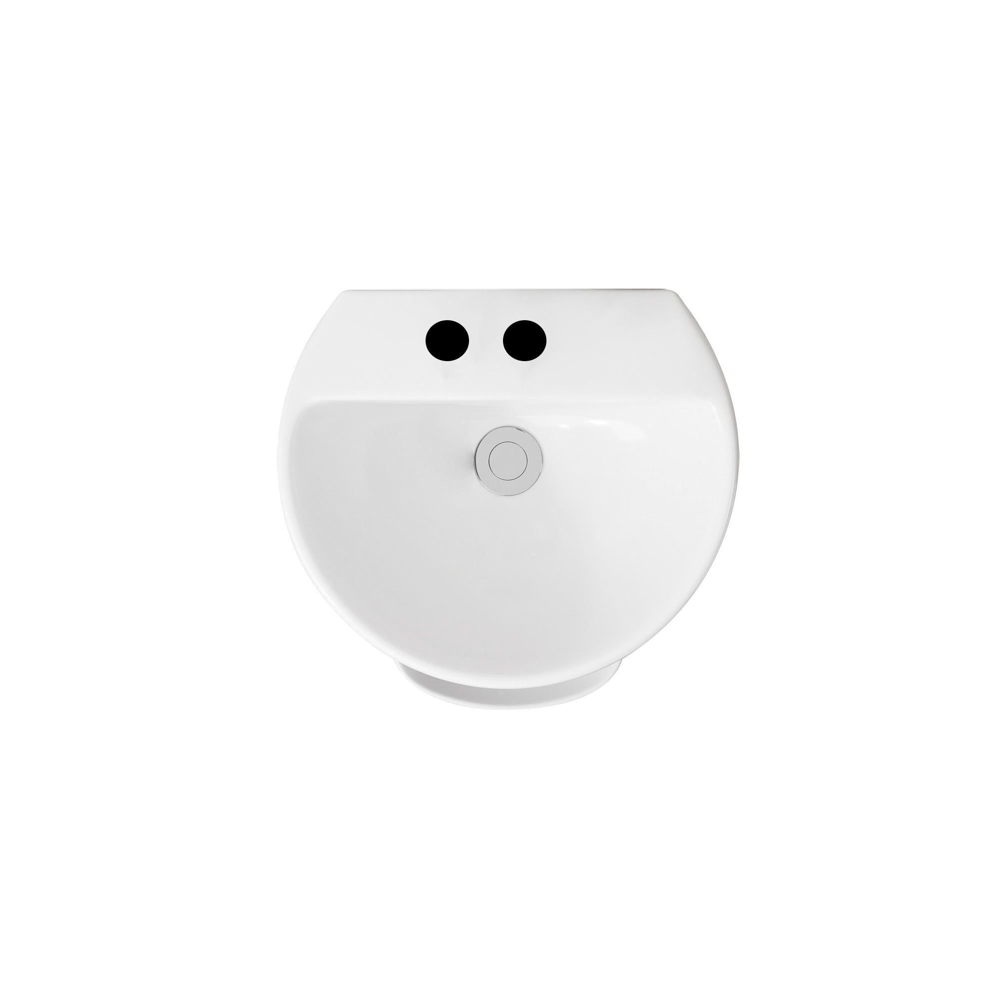 Lavabo de salle de bain rond en céramique Riyad : design épuré et moderne avec deux trous de robinet et un drain escamotable.