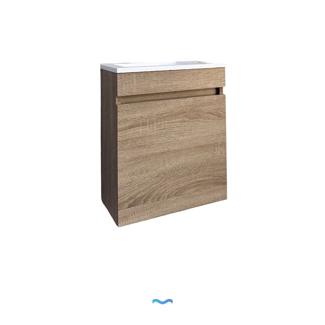 Meuble sous-vasque compact effet bois avec vasque intégrée