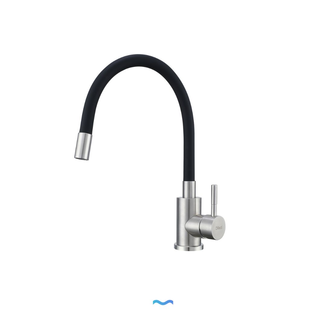 Robinet de cuisine noir et chrome avec bec flexible en col de cygne