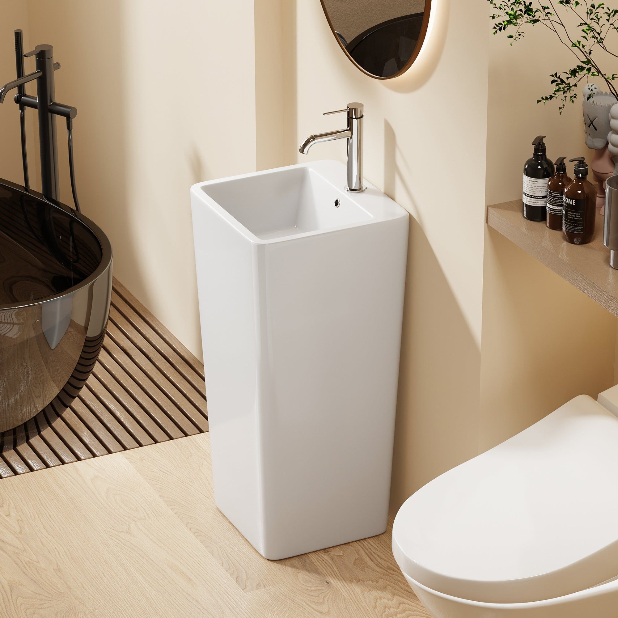 Lavabo Totem blanc carrée arrondie : Lavabo sur colonne carré blanc moderne aux coins arrondis, parfait pour les salles de bains contemporaines.