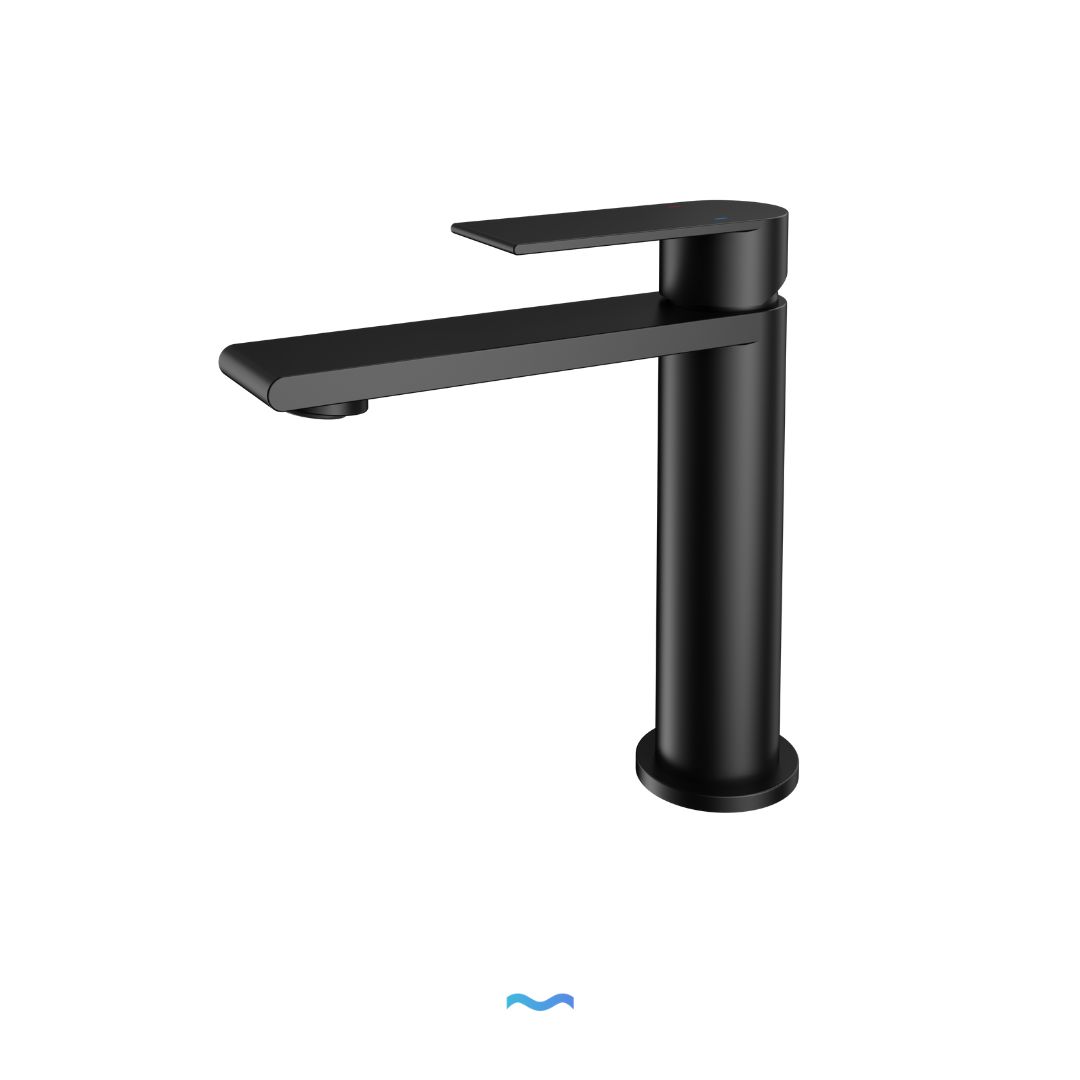 Robinet noir mat moderne : robinet de lavabo de salle de bain élégant à poignée unique et à arc élevé avec une base cylindrique.