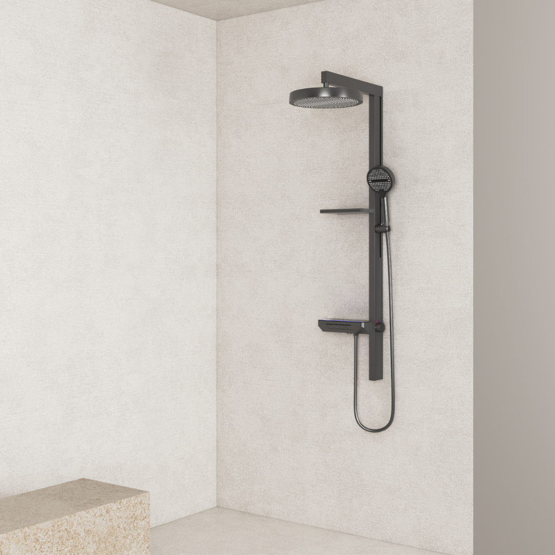 Colonne de douche moderne multifonction gris métallisé : Colonne de douche multifonction noire élégante avec douche à effet pluie, pommeau de douche à main et étagères.
