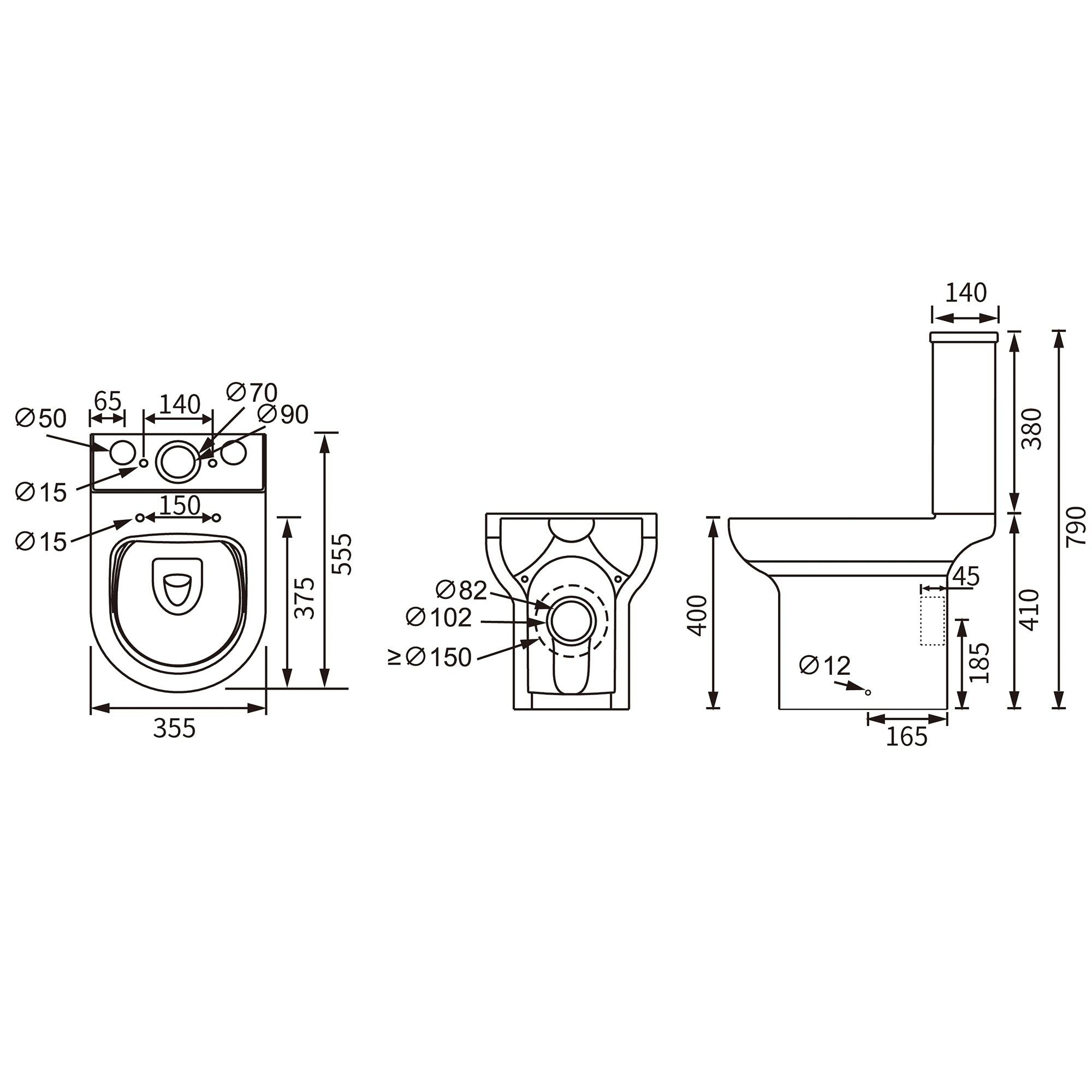 WC Ultra Compact à Poser - Sortie Horizontale : schémas techniques avec dimensions détaillées