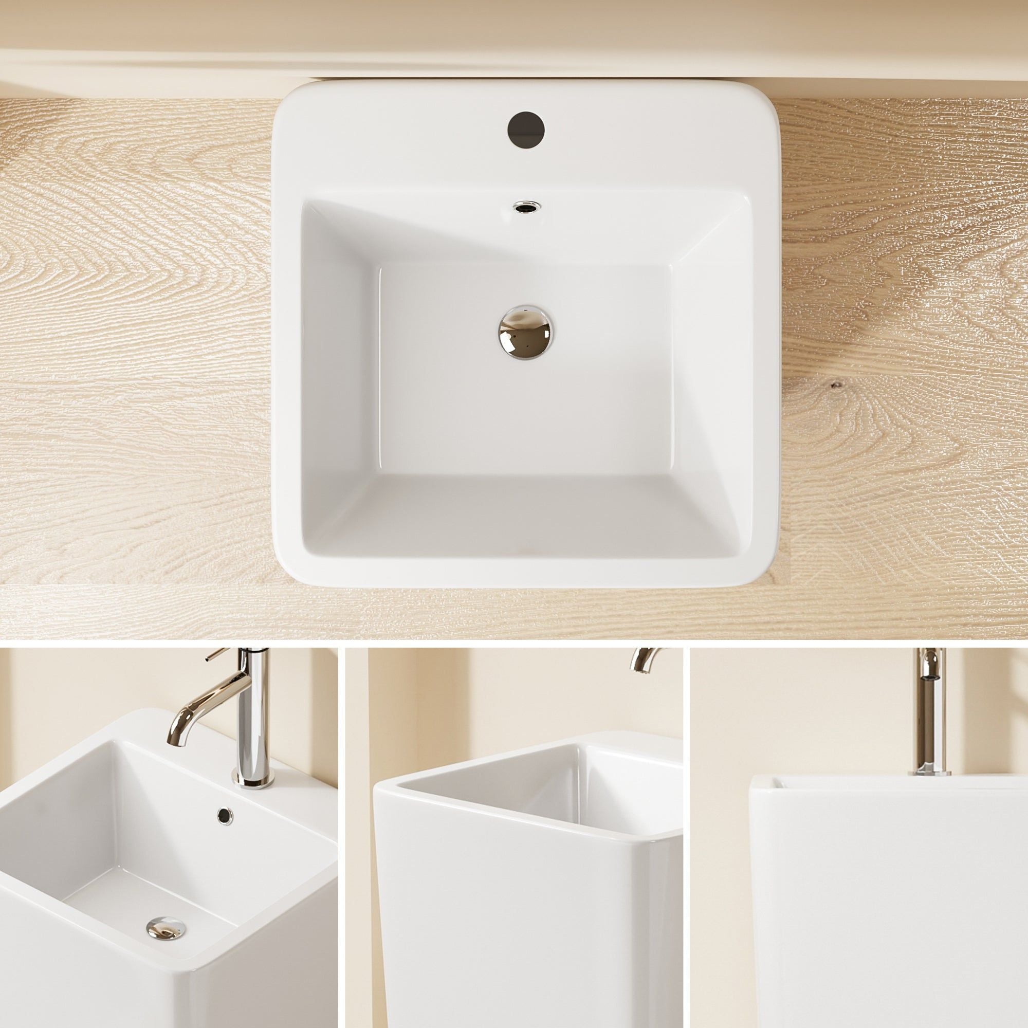 Lavabo Totem blanc carrée arrondie : Vasque carrée moderne en céramique blanche aux coins arrondis, parfaite pour une salle de bain contemporaine.