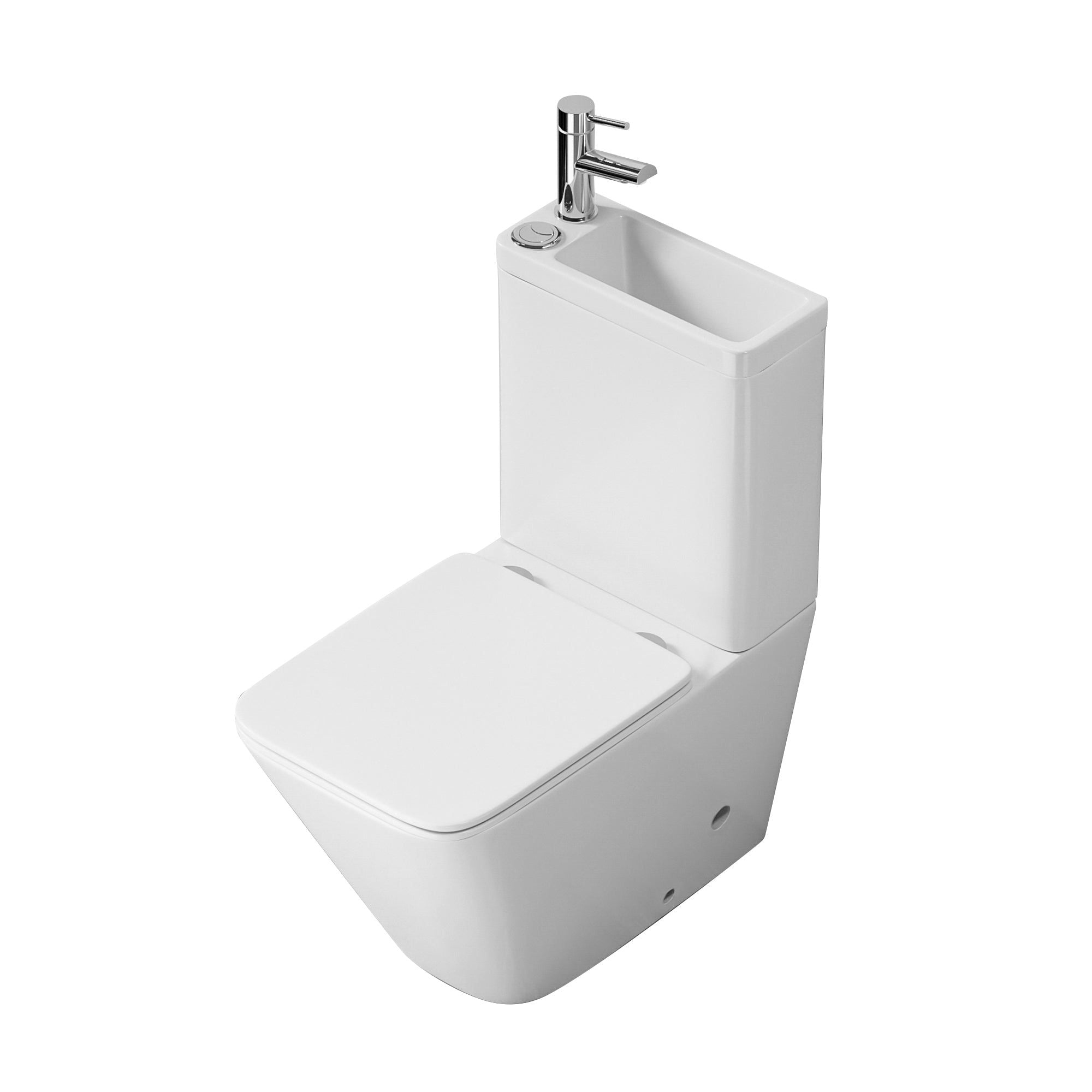 WC 2 en 1 Blanc : WC suspendu et lavabo intégré peu encombrant, design carré moderne.