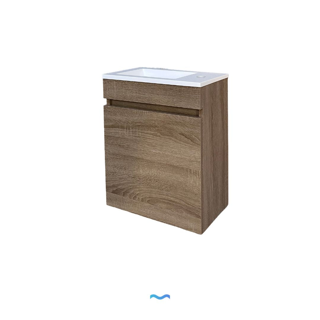 Meuble sous-vasque compact effet bois avec vasque intégrée