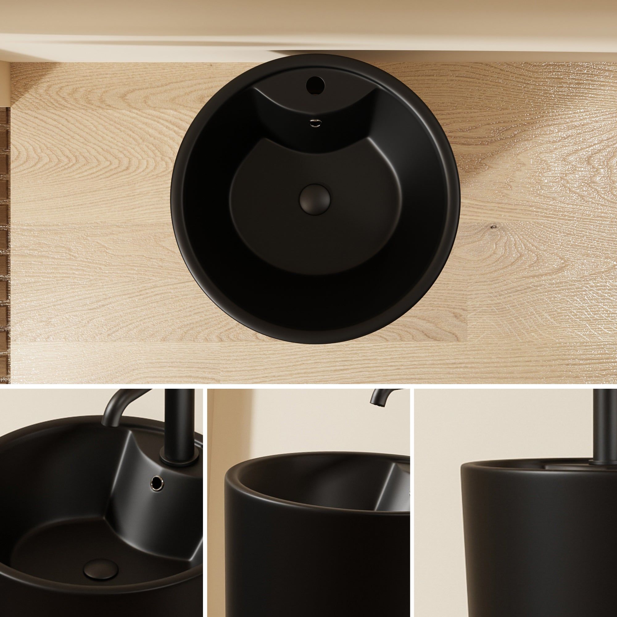 Lavabo Totem Design Rond et Épuré Noir : Lavabo vasque rond noir épuré, design minimaliste moderne, parfait pour les salles de bains contemporaines.