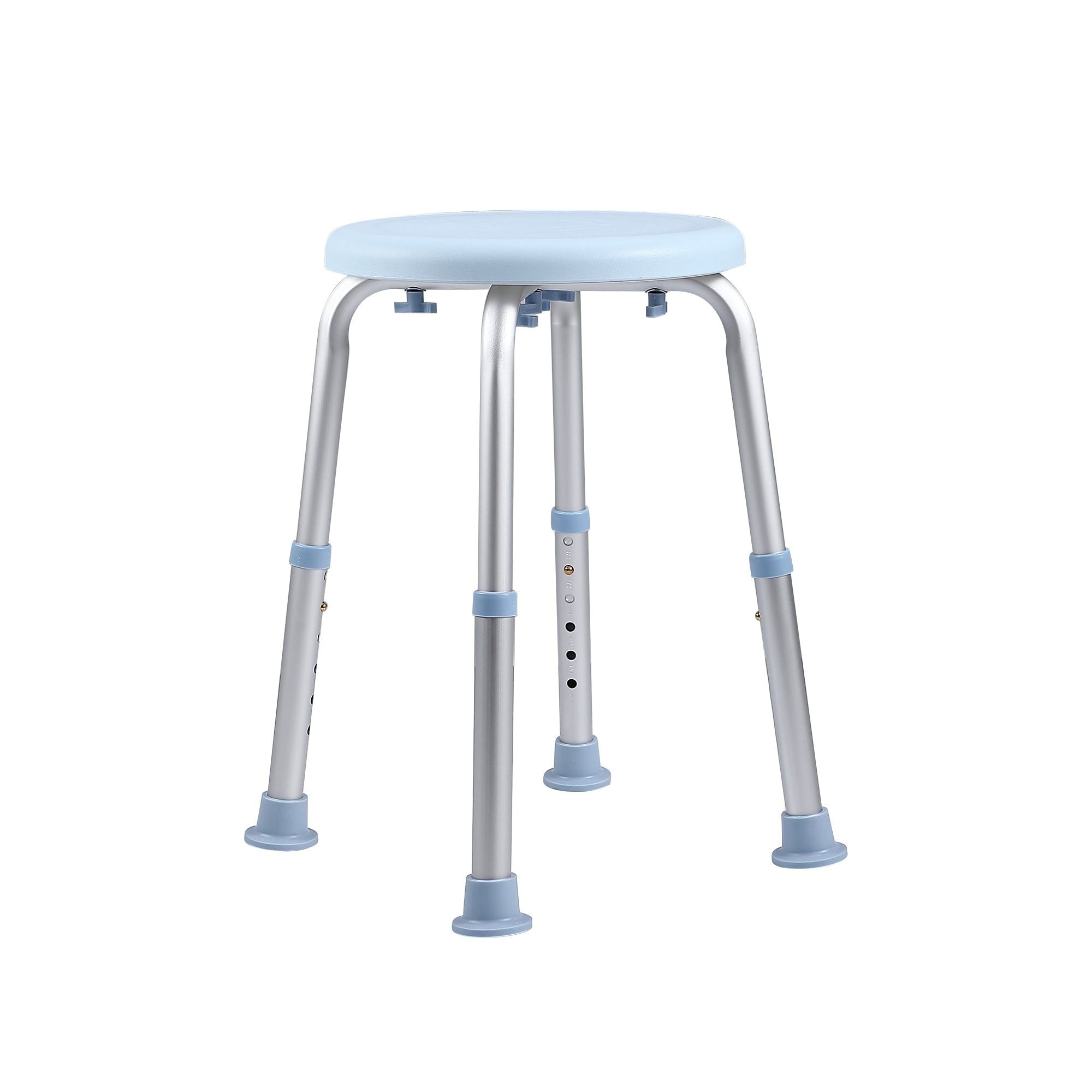 Tabouret de douche réglable avec siège bleu clair et pieds en aluminium, idéal pour plus de sécurité et de confort pendant la douche.